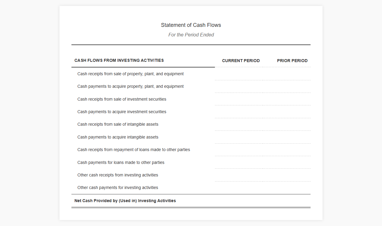 Cash Flows from Investing Activities Reporting Template