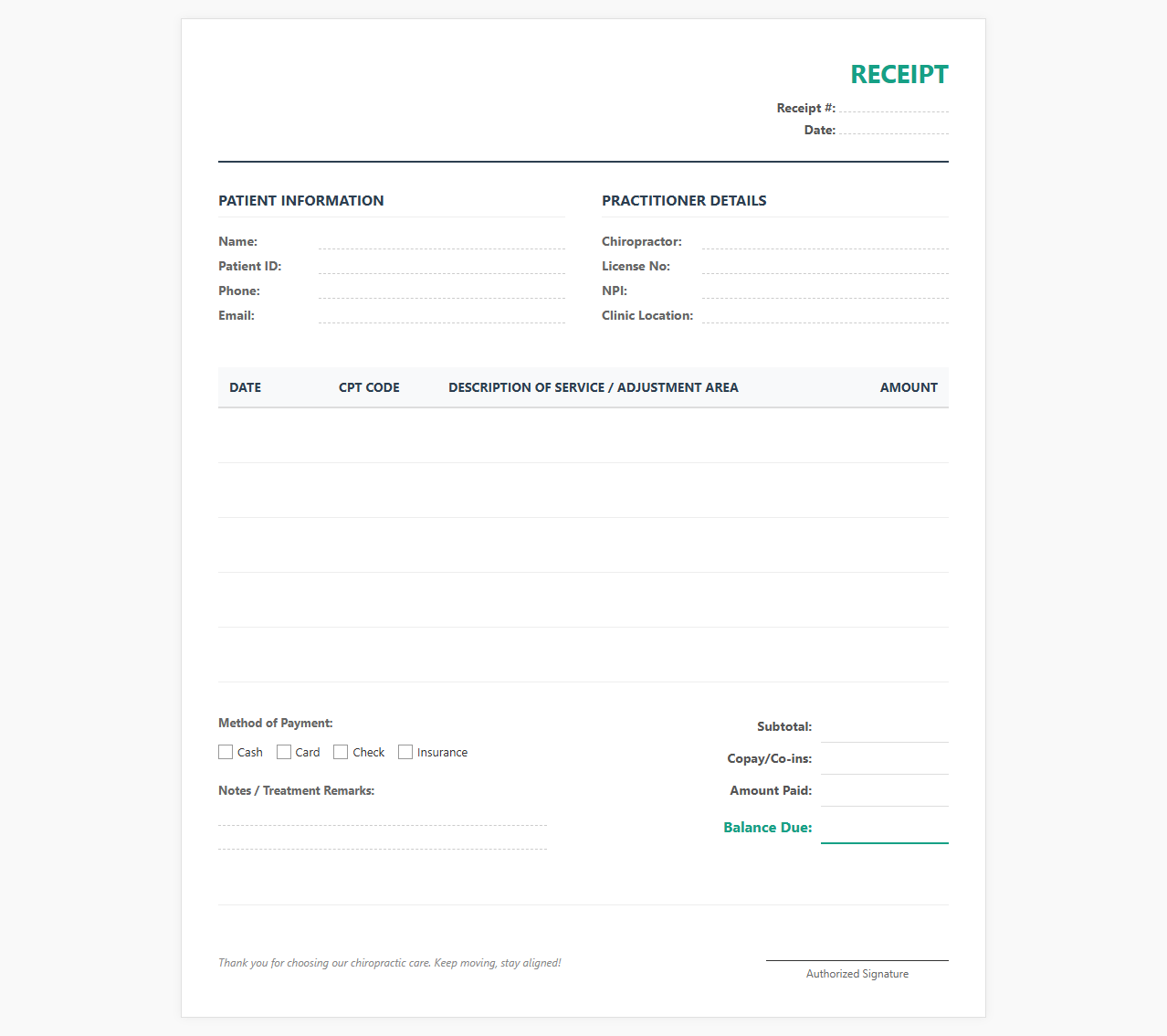 Chiropractic Adjustment Session Billing Receipt