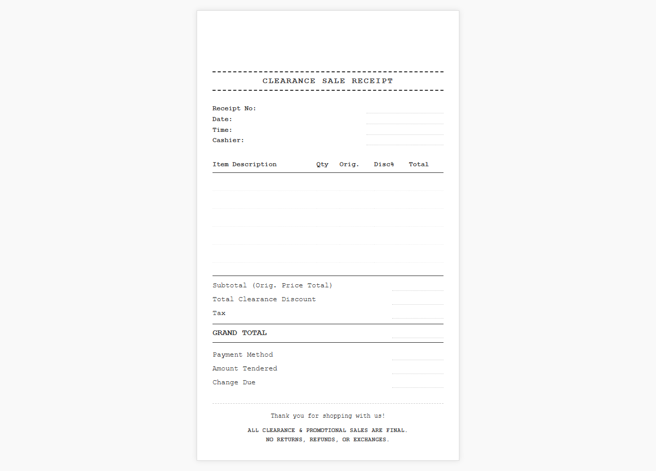 Clearance Sale Customer Receipt Template