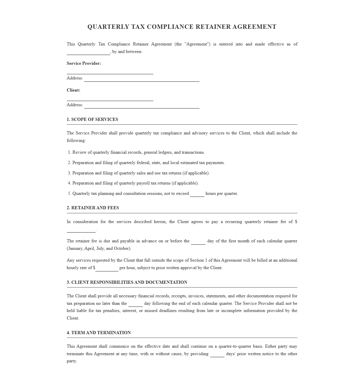 Client Agreement for Quarterly Tax Compliance Retainer