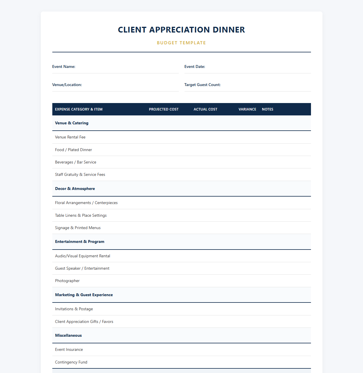 Client Appreciation Dinner Budget Template