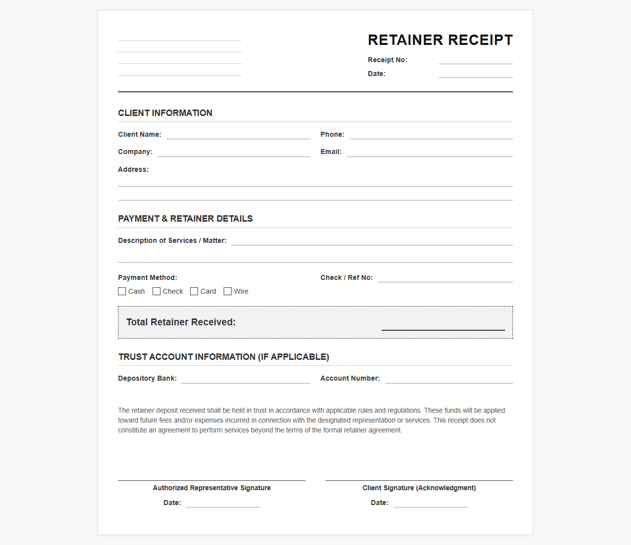 Client Retainer Deposit Receipt