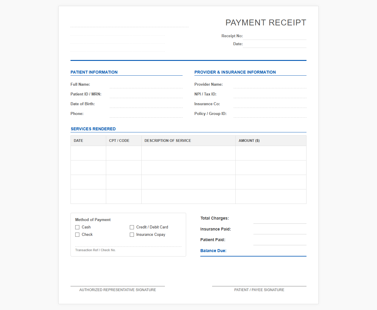 Clinical Care Payment Receipt Template