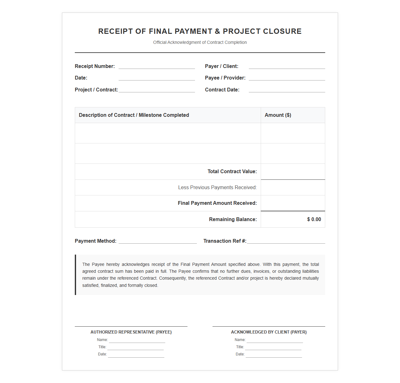 Closure and Final Payment Receipt Form