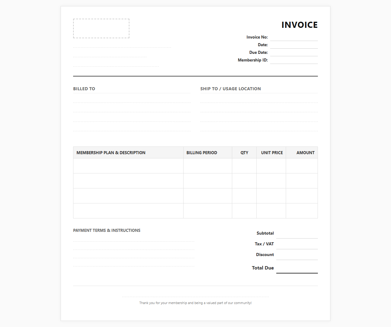 Co-working Space Membership Billing Invoice