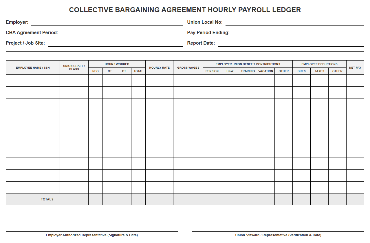 Collective Bargaining Agreement Hourly Payroll Ledger