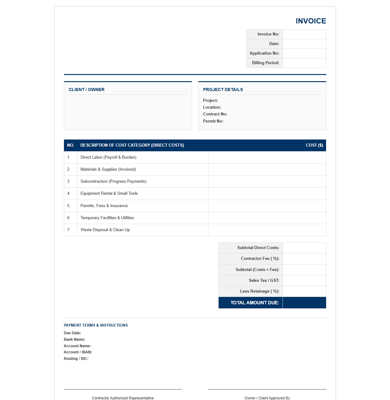 Commercial Construction Cost Plus Fee Invoice Template