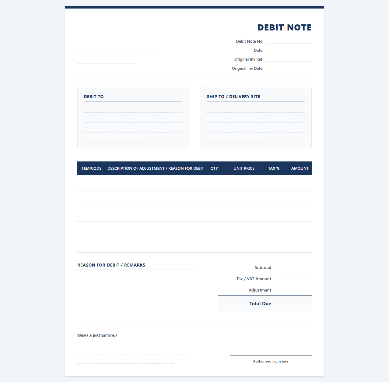 Commercial Debit Note Invoice Layout