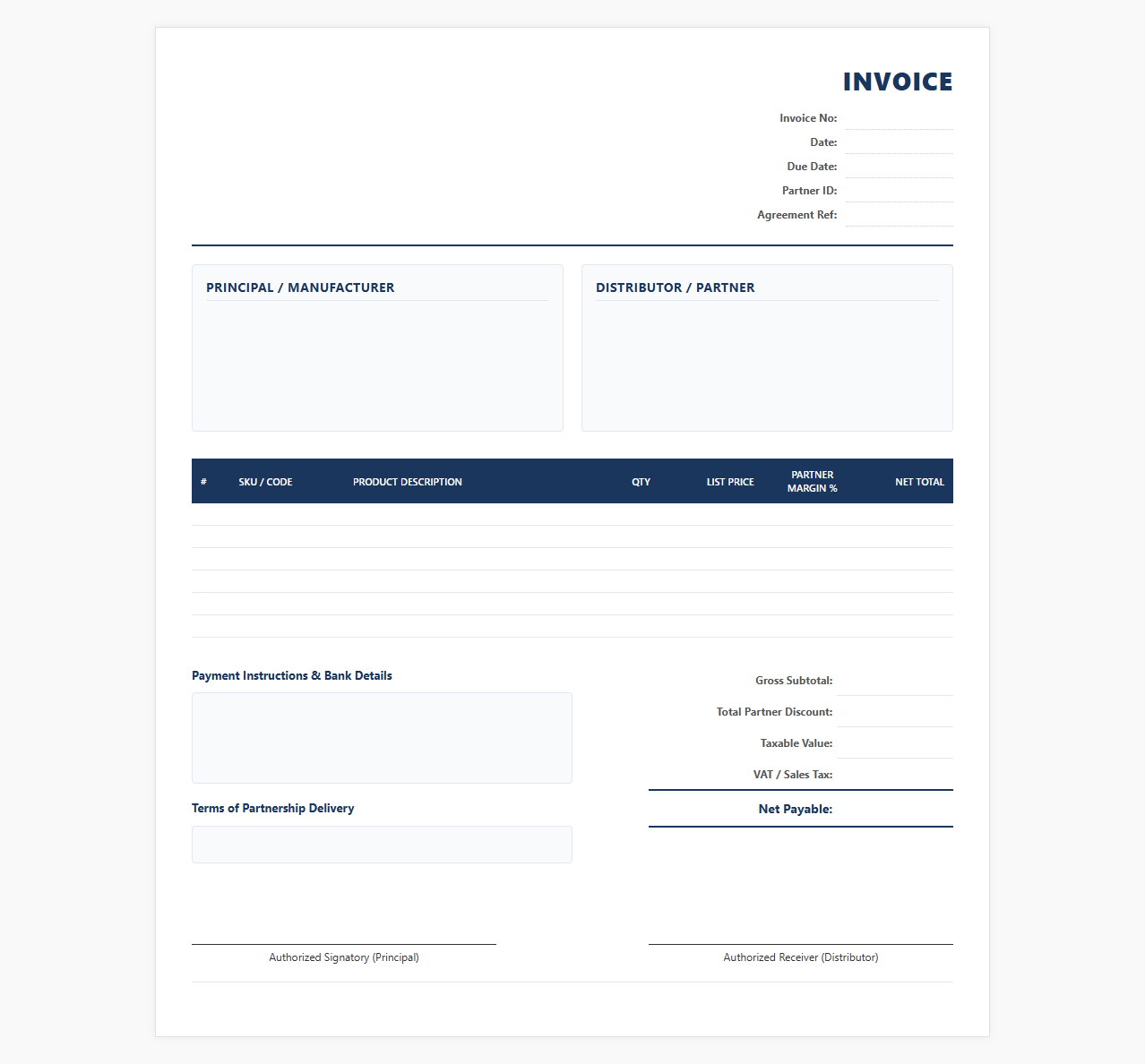 Commercial Distributor Partnership Invoice Format