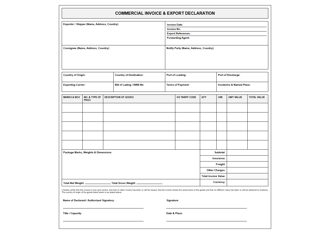 Commercial Export Invoice with Customs Declaration Fields
