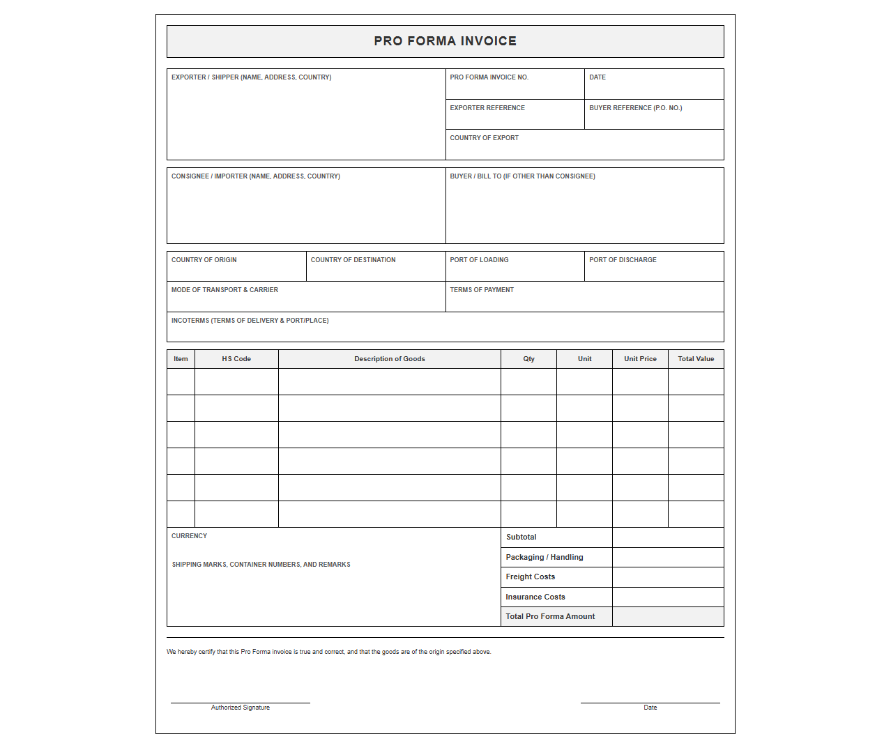 Commercial Export Pro Forma Invoice Document