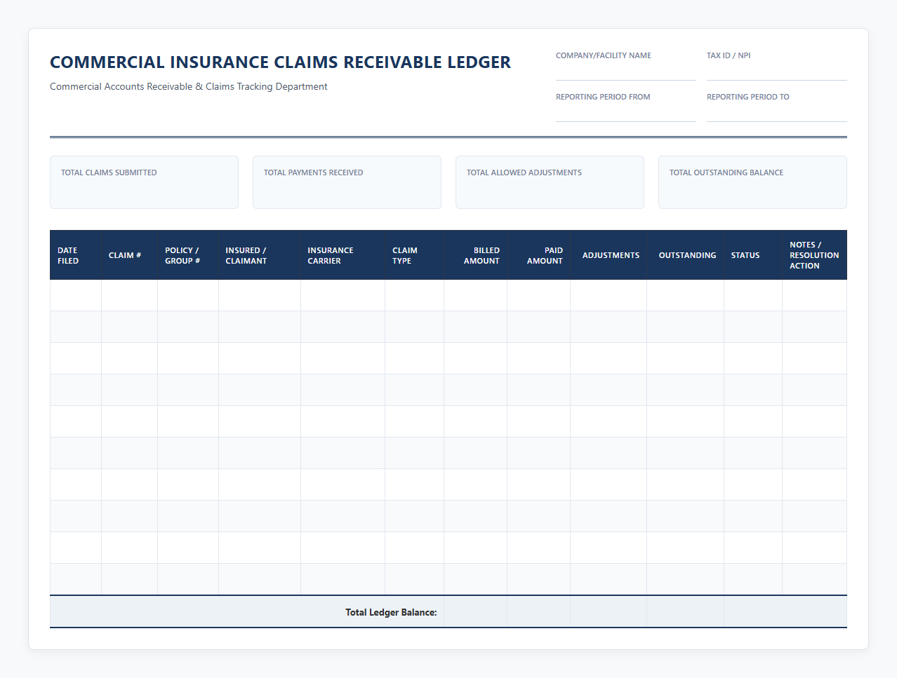Commercial Insurance Claims Receivable Ledger