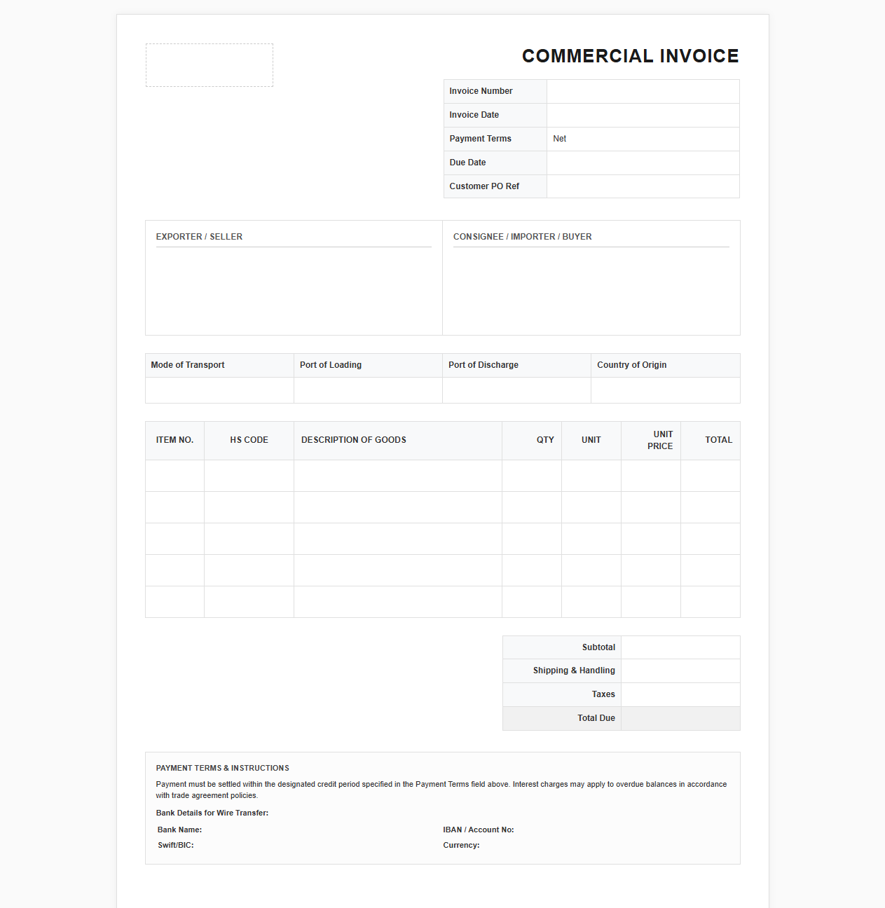 Commercial Invoice with Net Payment Terms