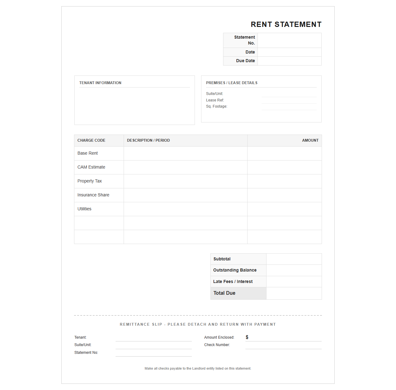 Commercial Landlord Rent Statement Template