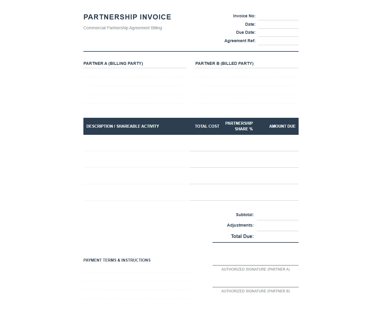 Commercial Partnership Billing Invoice Template