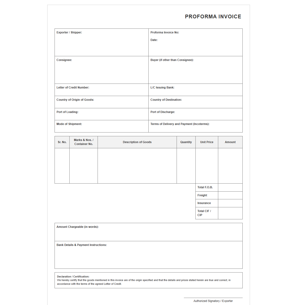 Commercial Proforma Invoice under Letter of Credit