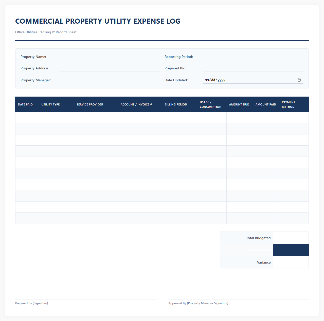 Commercial Property Utility Expense Log