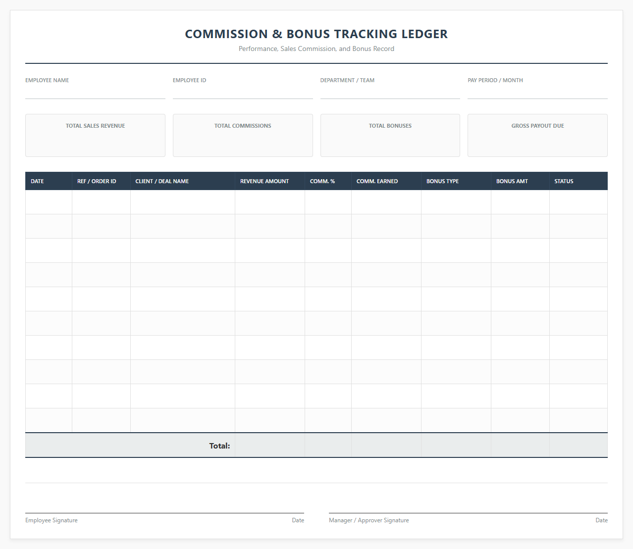 Commission and Bonus Tracking Ledger
