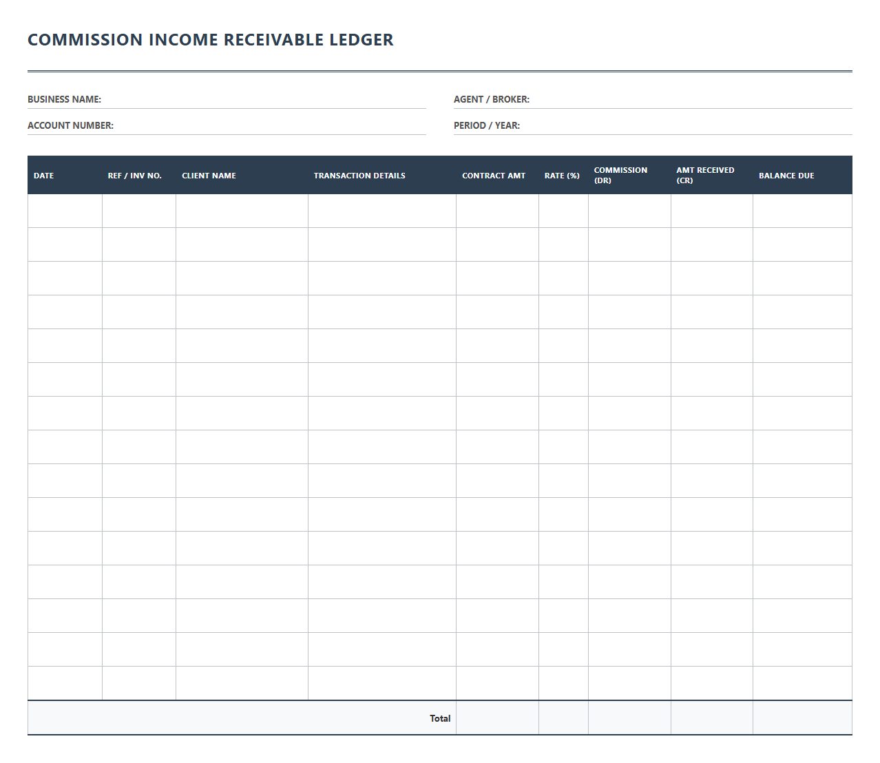 Commission Income Receivable Ledger Book