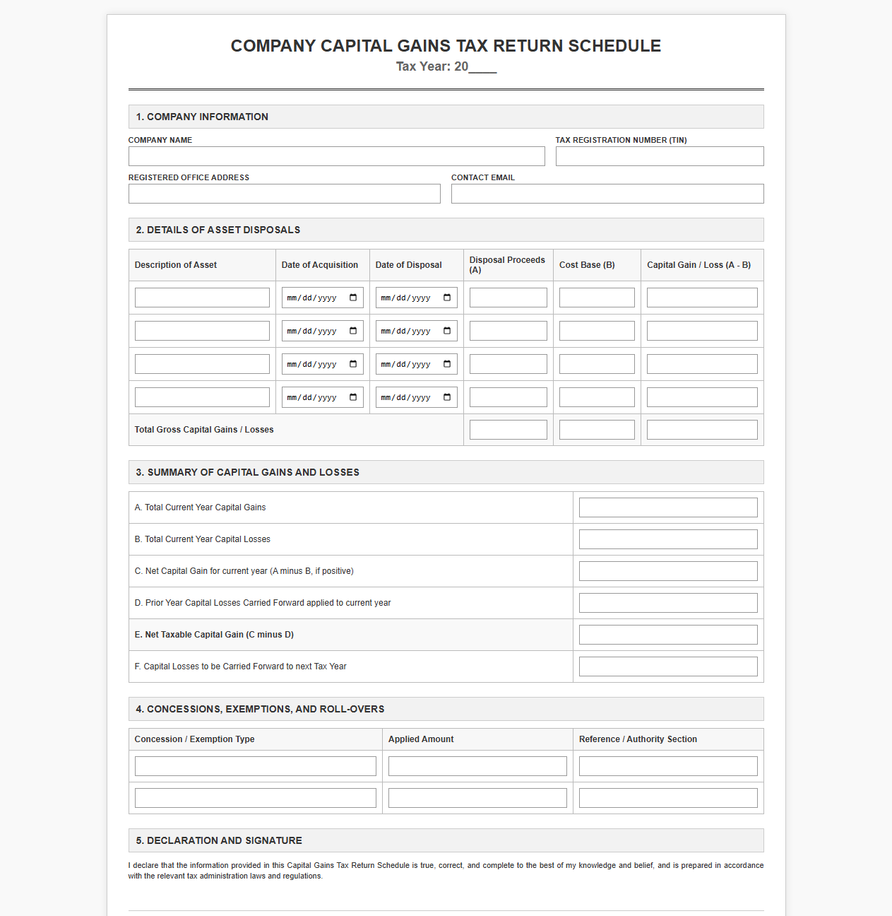 Company Capital Gains Tax Return Schedule