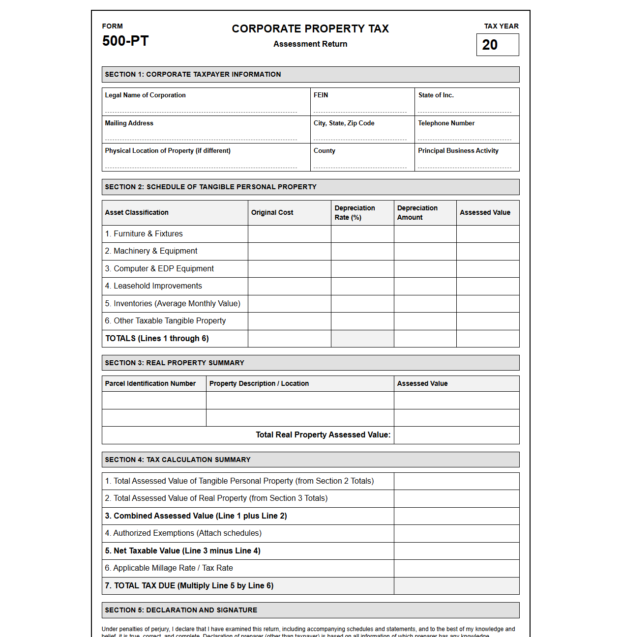 Company Property Tax Assessment Return Form