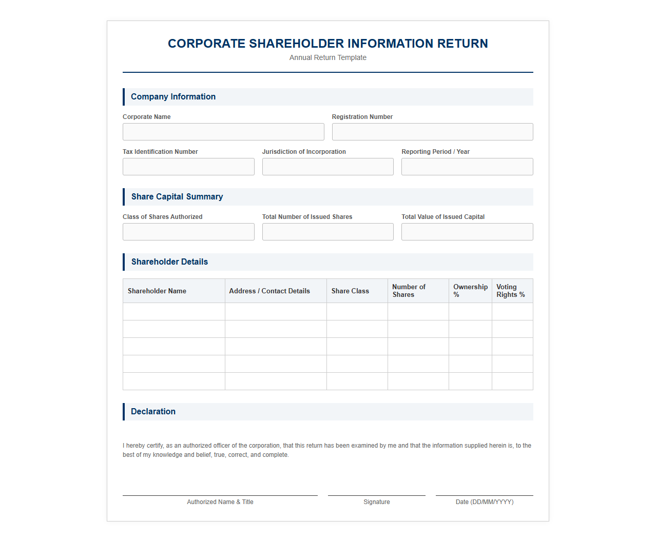Company Shareholder Information Return Template