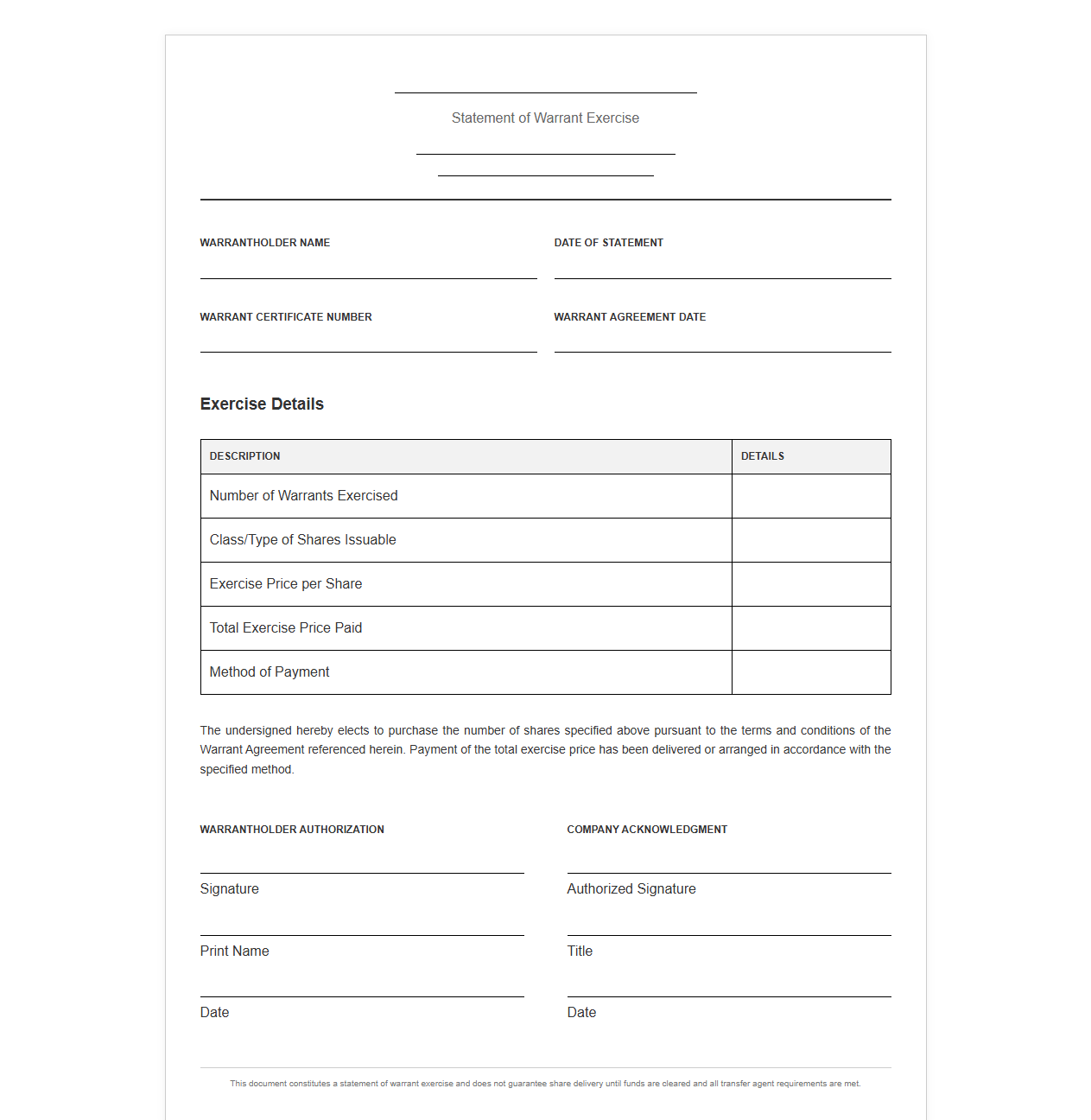 Company Statement for Warrant Shares Exercise
