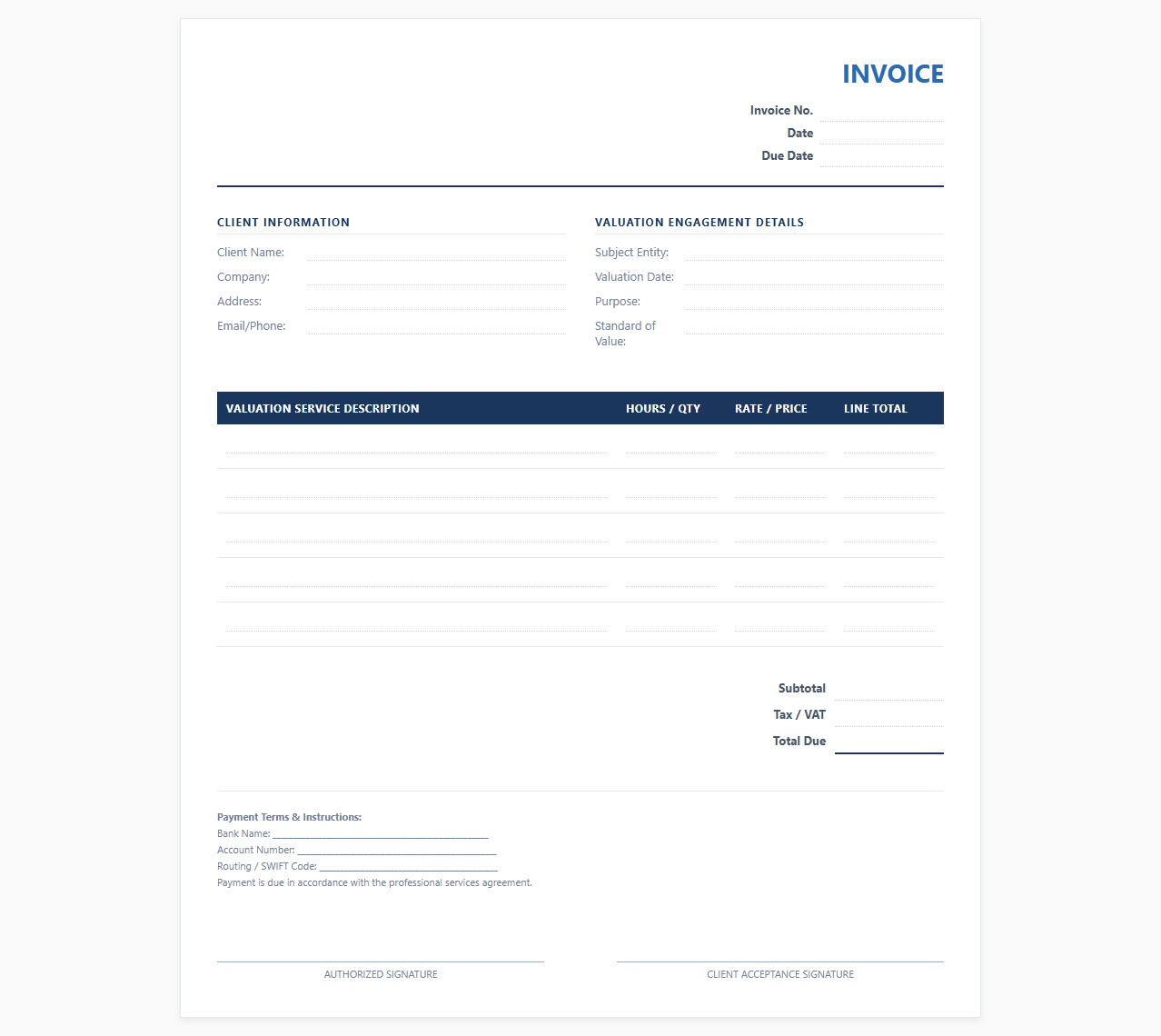 Company Valuation Services Invoice