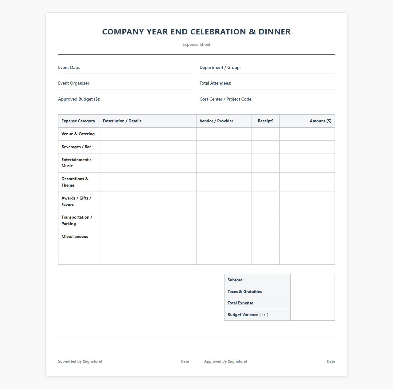 Company Year End Celebration and Dinner Expense Sheet