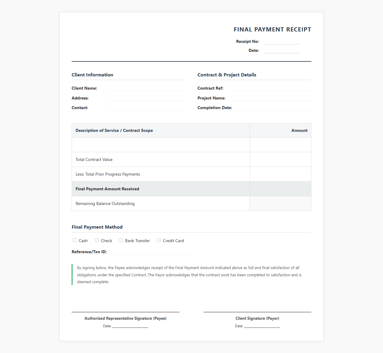 Completed Contract Final Payment Receipt