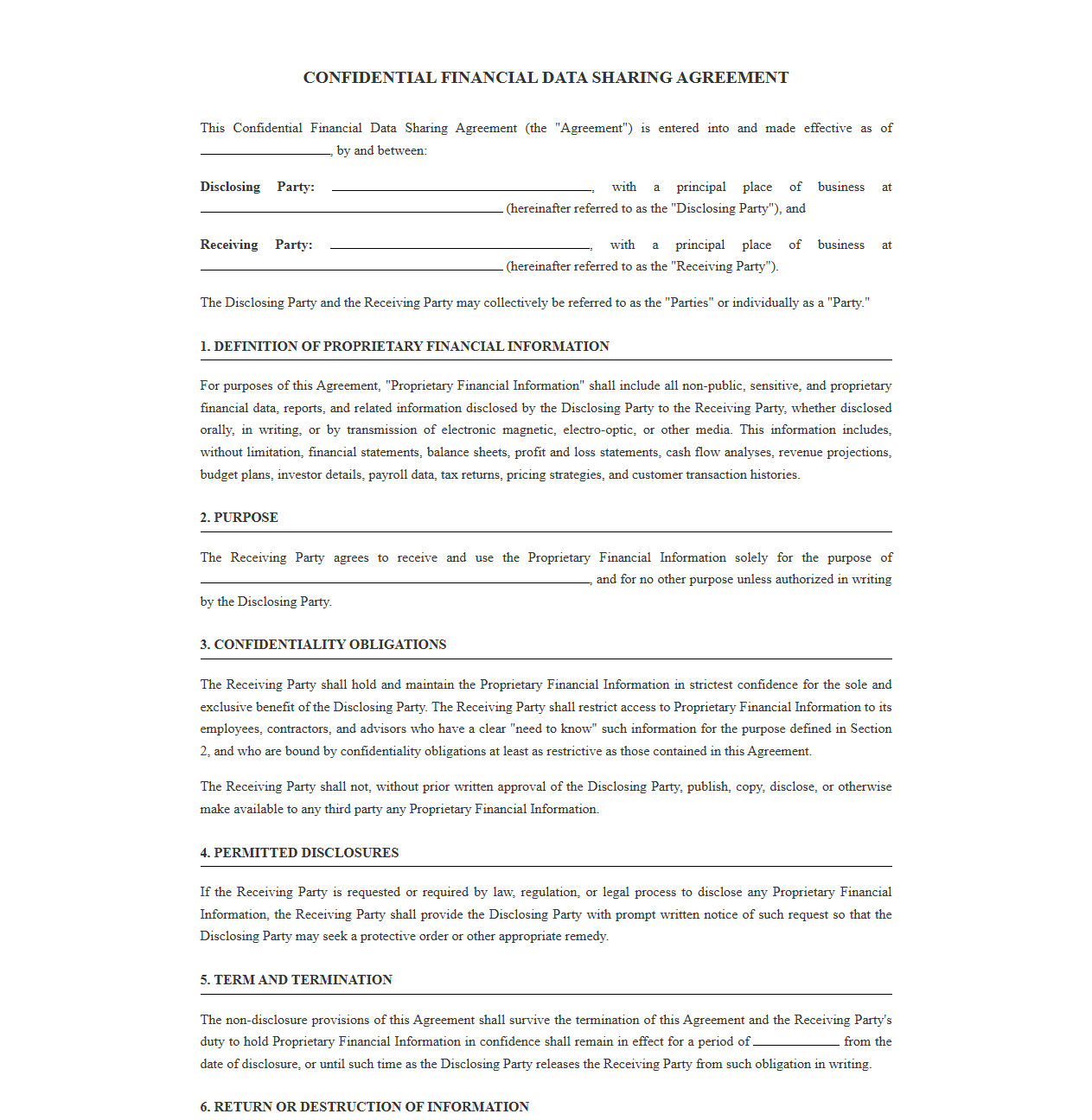 Confidential Financial Data Sharing Agreement Template