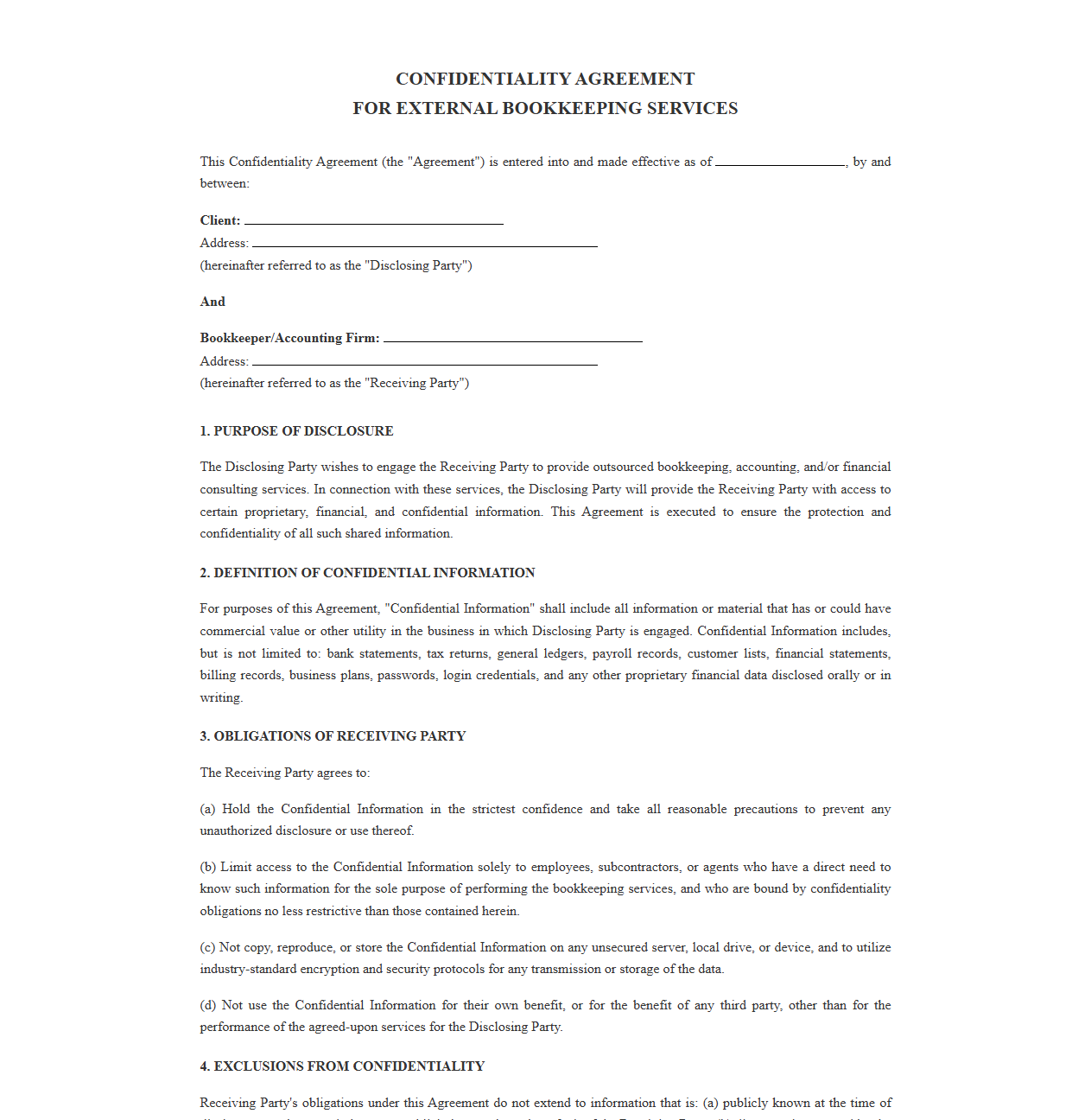 Confidentiality Agreement for External Bookkeeping Services