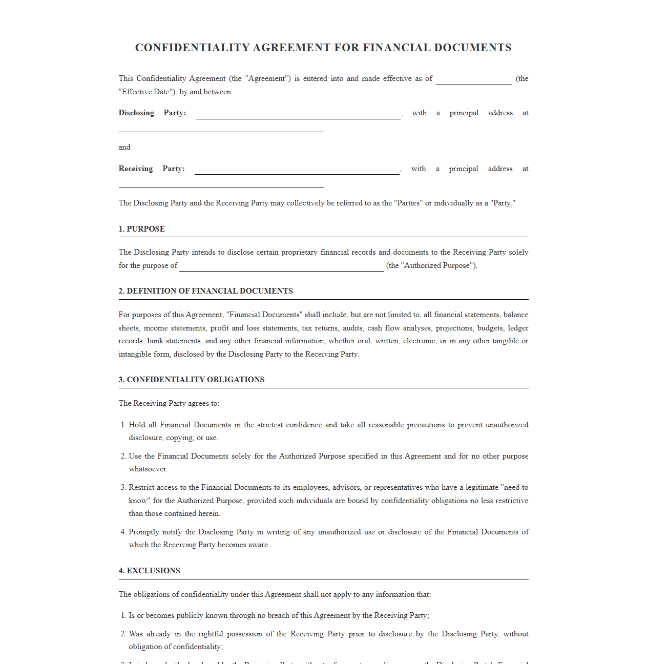 Confidentiality Agreement for Financial Documents