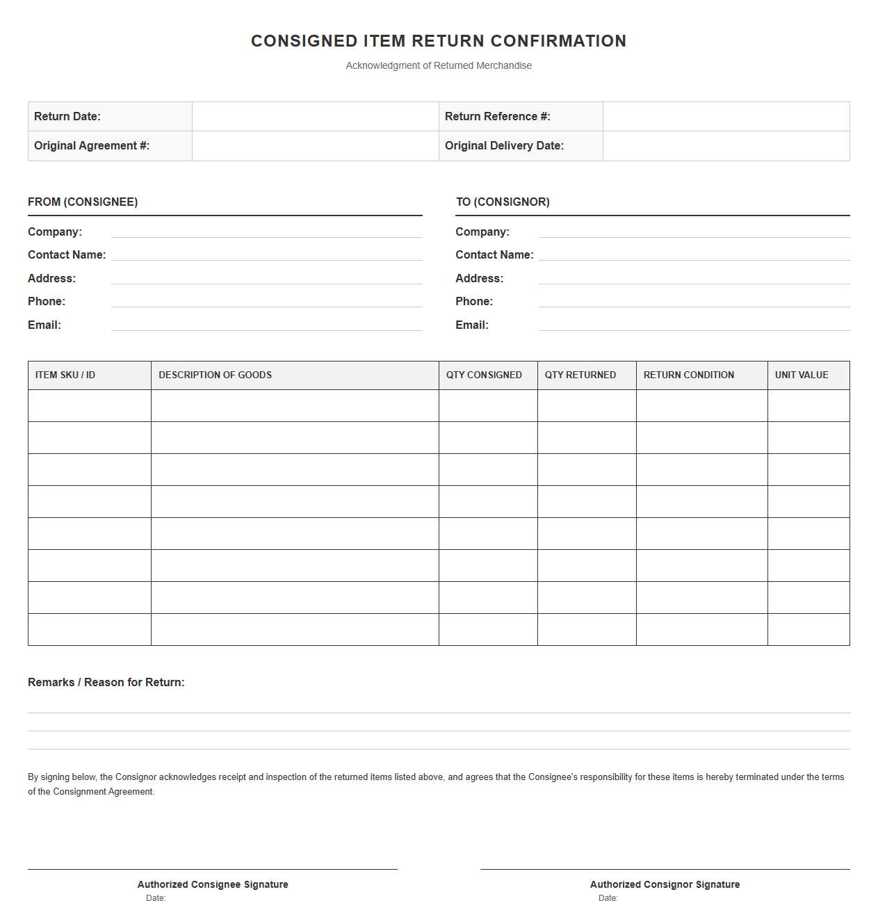 Consigned Item Return Confirmation Template