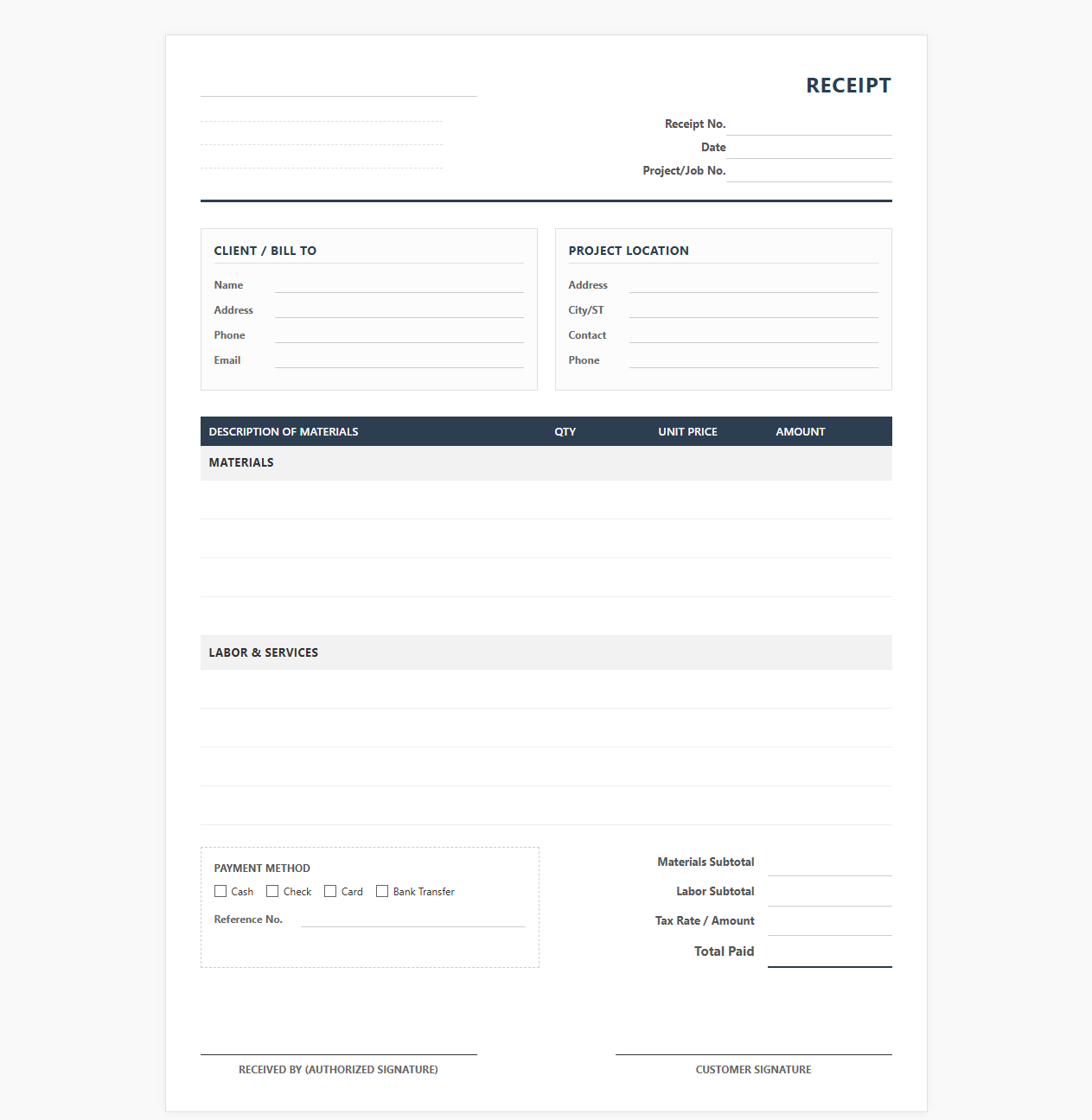 Construction Material and Labor Receipt Template