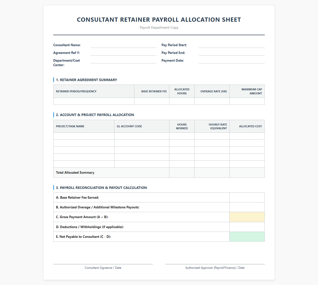 Consultant Retainer Payroll Allocation Sheet