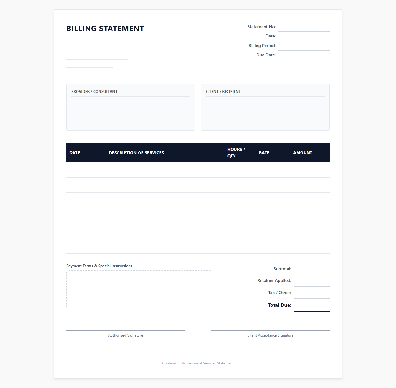 Continuous Professional Services Billing Statement