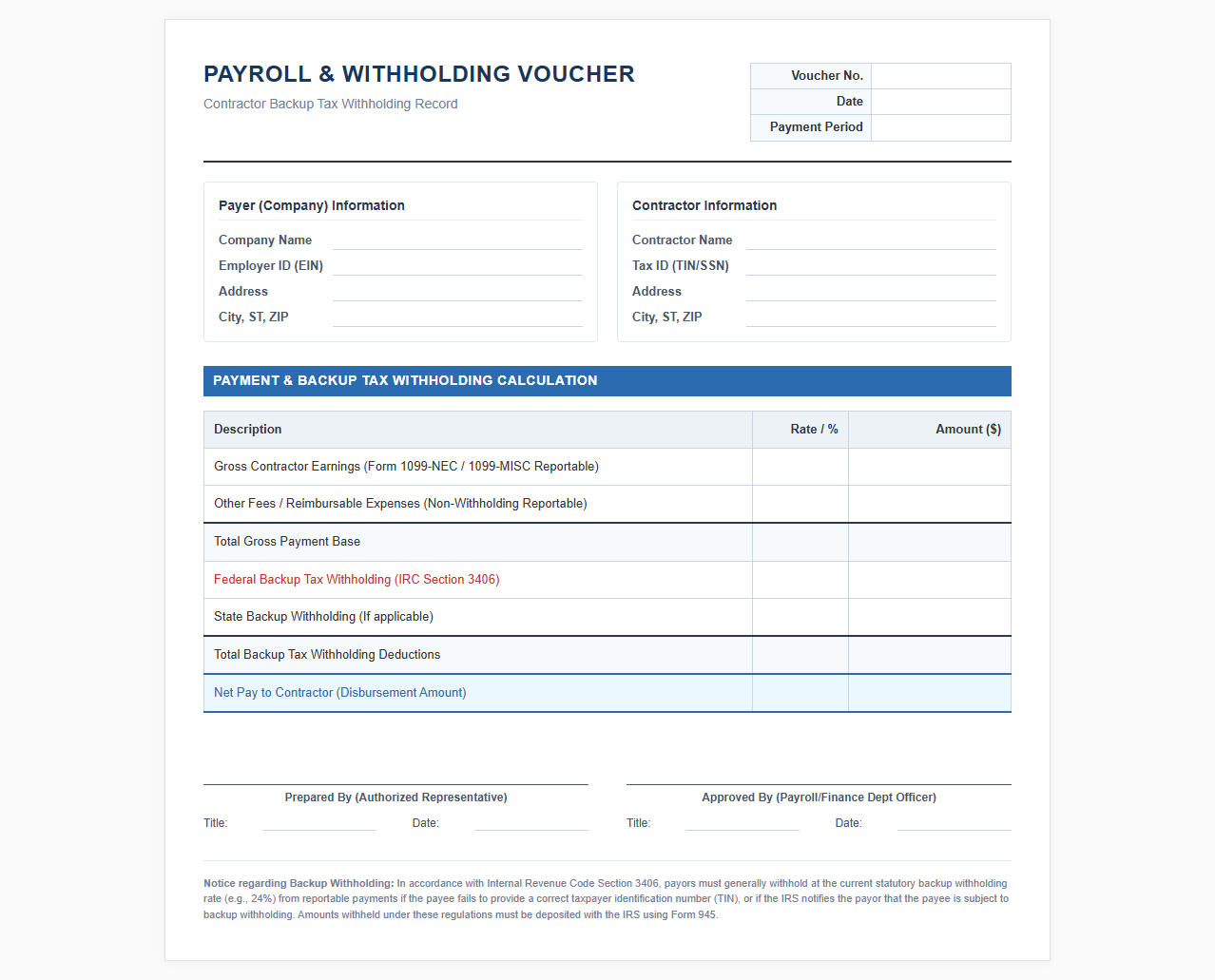 Contractor Backup Tax Withholding Payroll Template