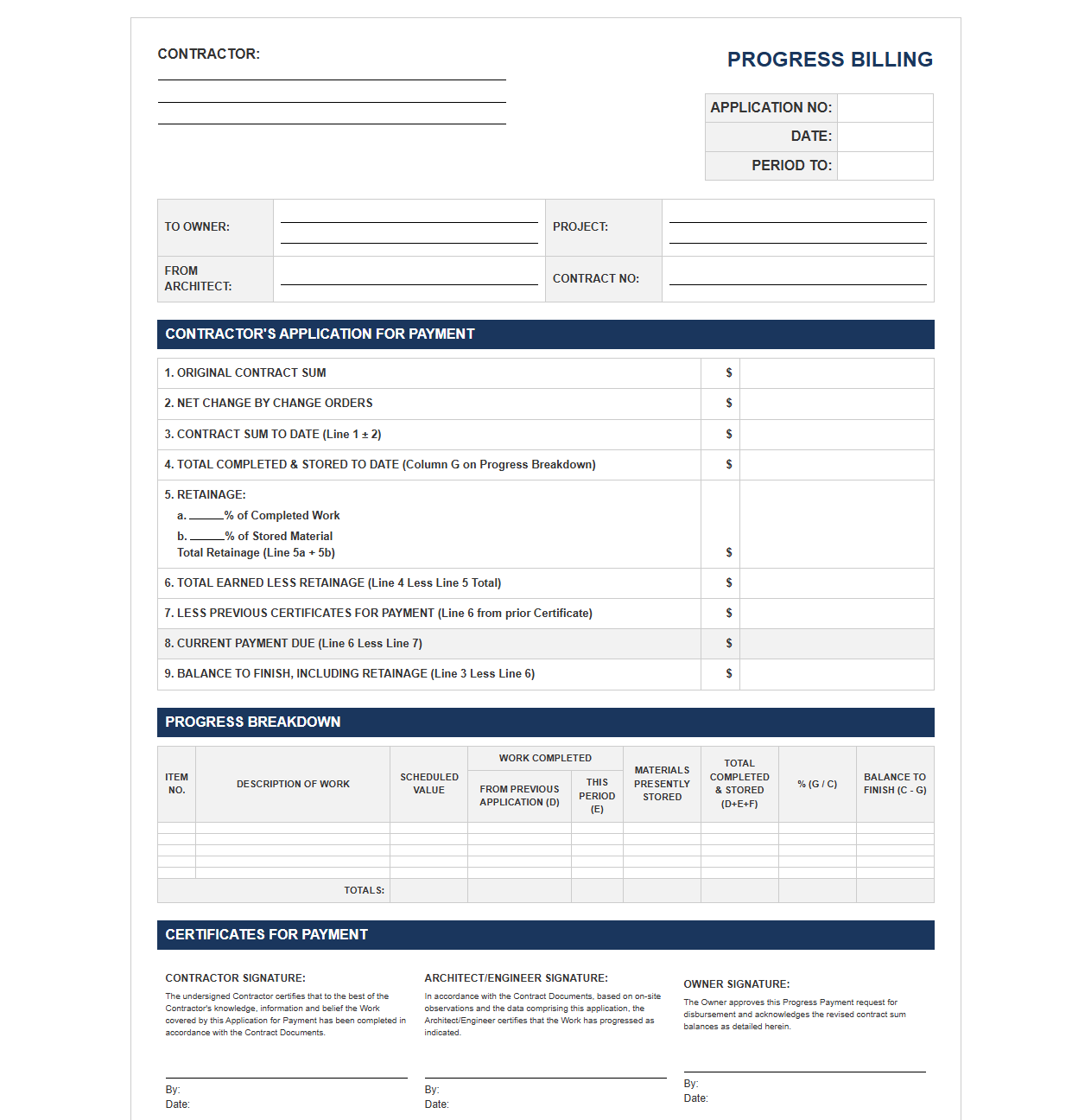 Contractor Progress Bill Template