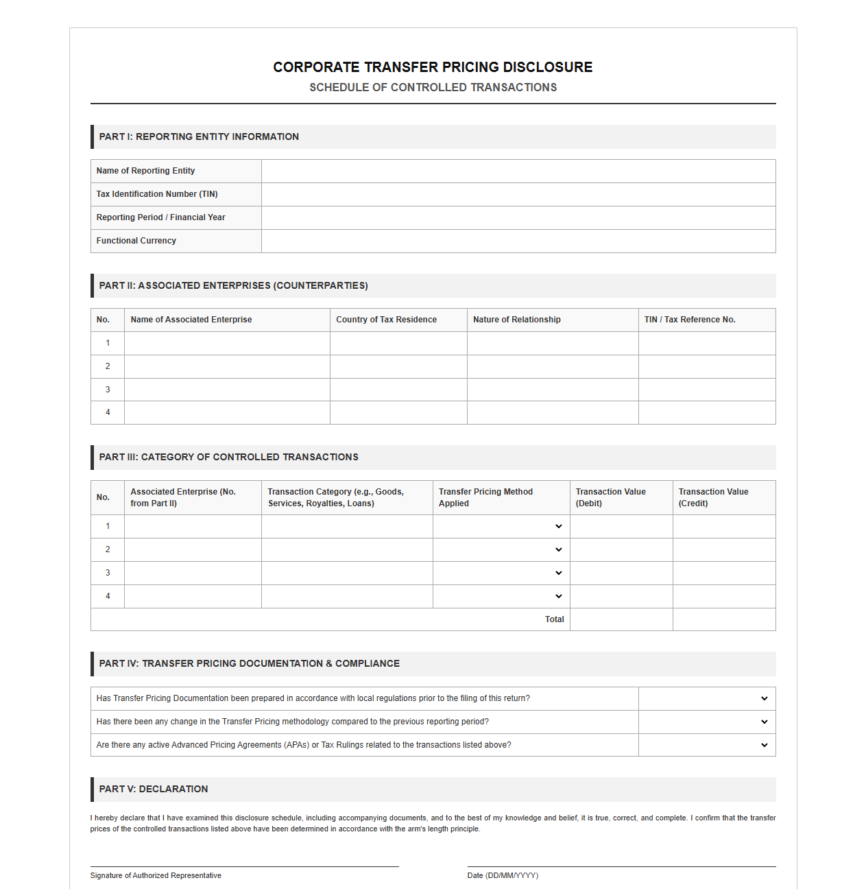 Controlled Transactions Transfer Pricing Disclosure Template
