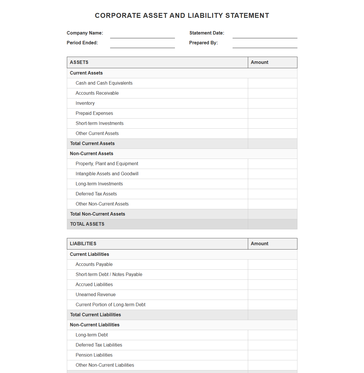Corporate Asset and Liability Statement Template