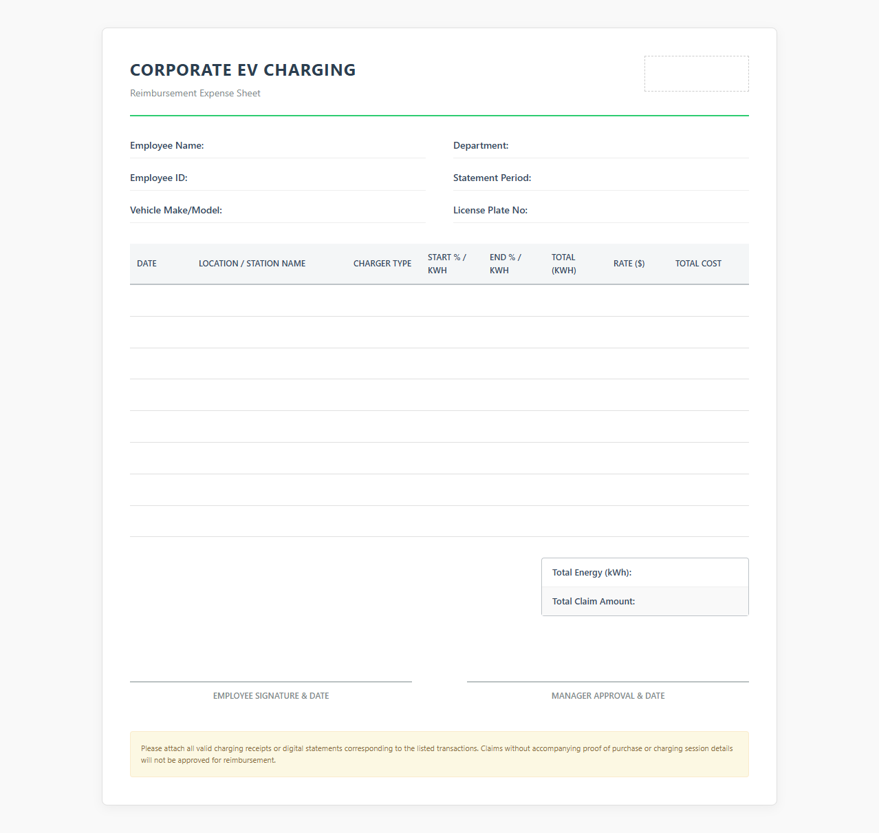 Corporate EV Charging Reimbursement Sheet