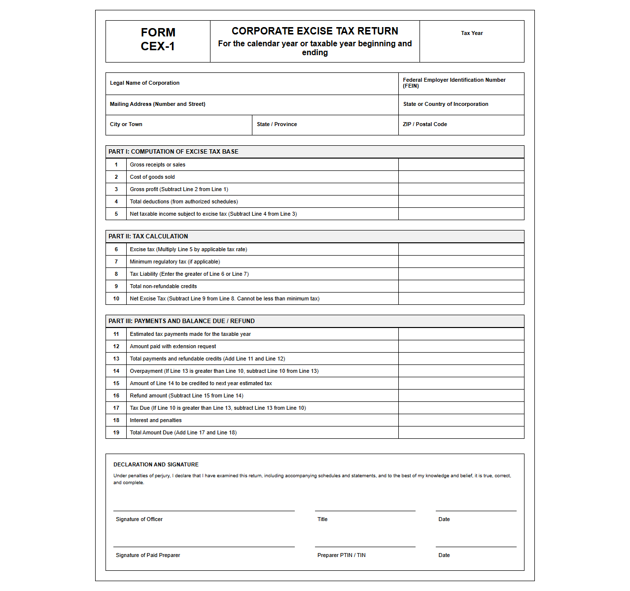 Corporate Excise Tax Return Template