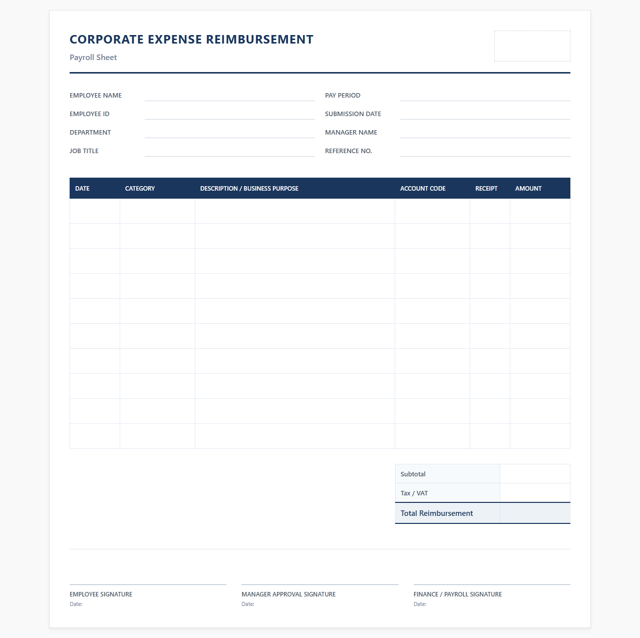 Corporate Expense Reimbursement Payroll Sheet