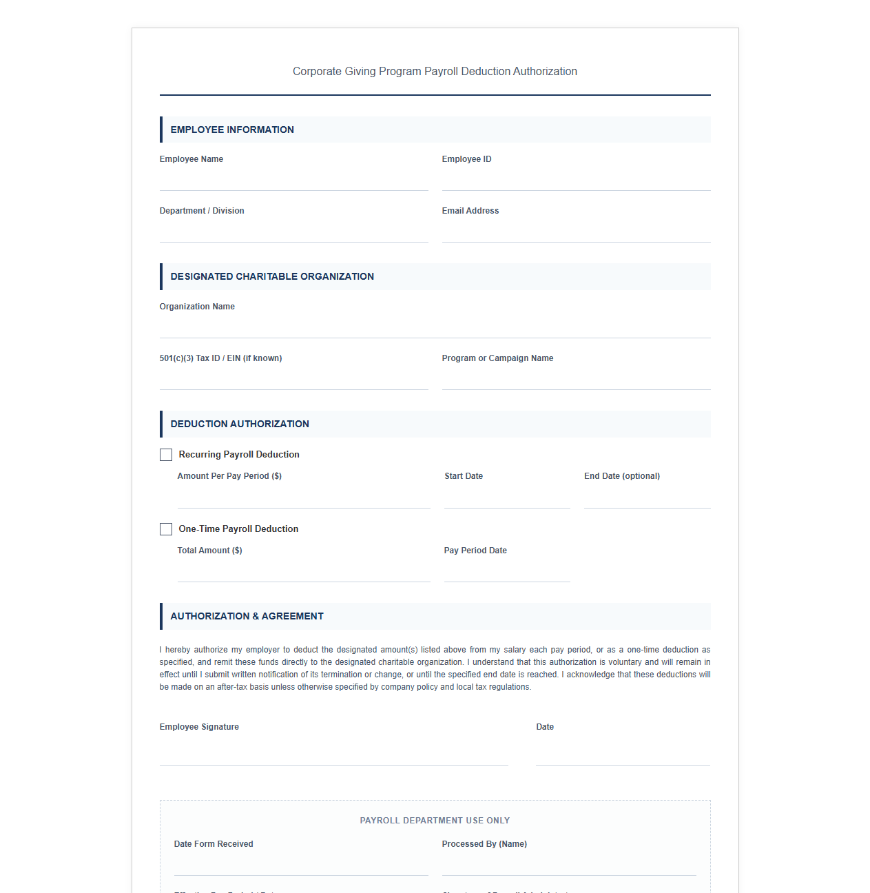 Corporate Giving Program Payroll Deduction Template