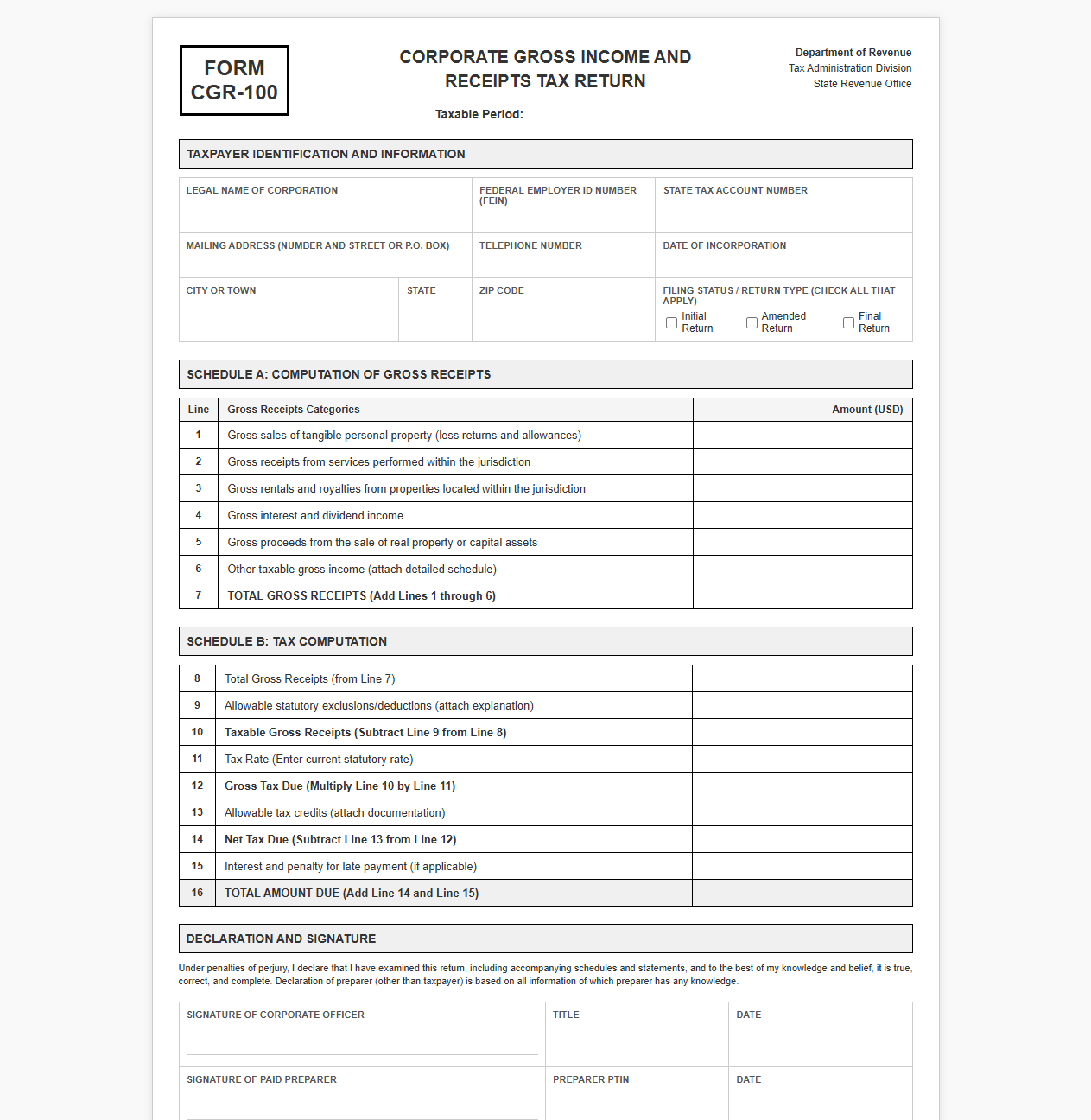 Corporate Gross Income and Receipts Tax Form