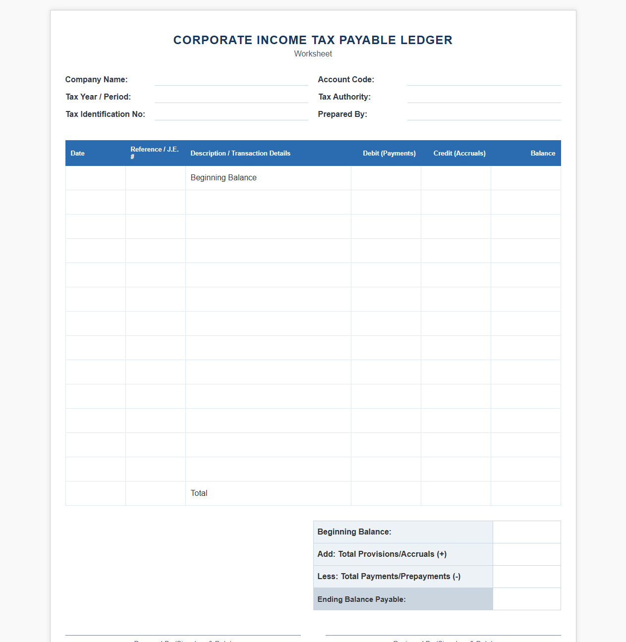 Corporate Income Tax Payable Ledger Worksheet