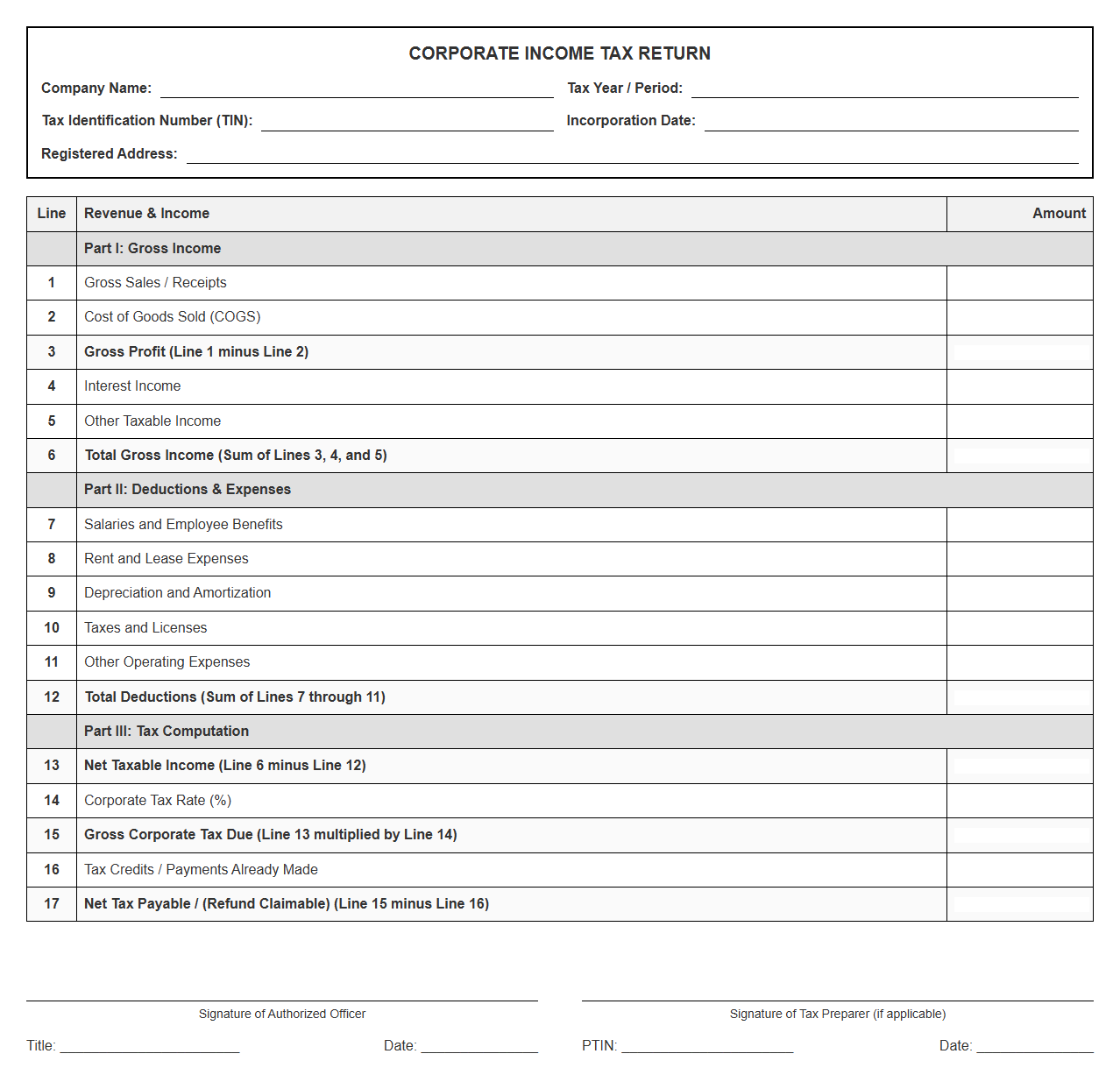 Corporate Income Tax Reporting Template