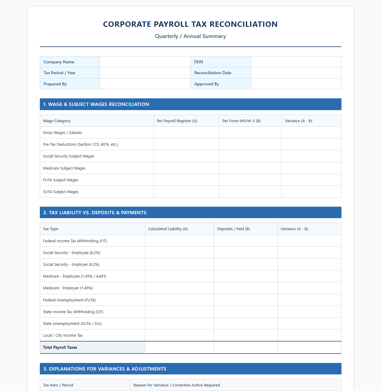 Corporate Payroll Tax Reconciliation Template