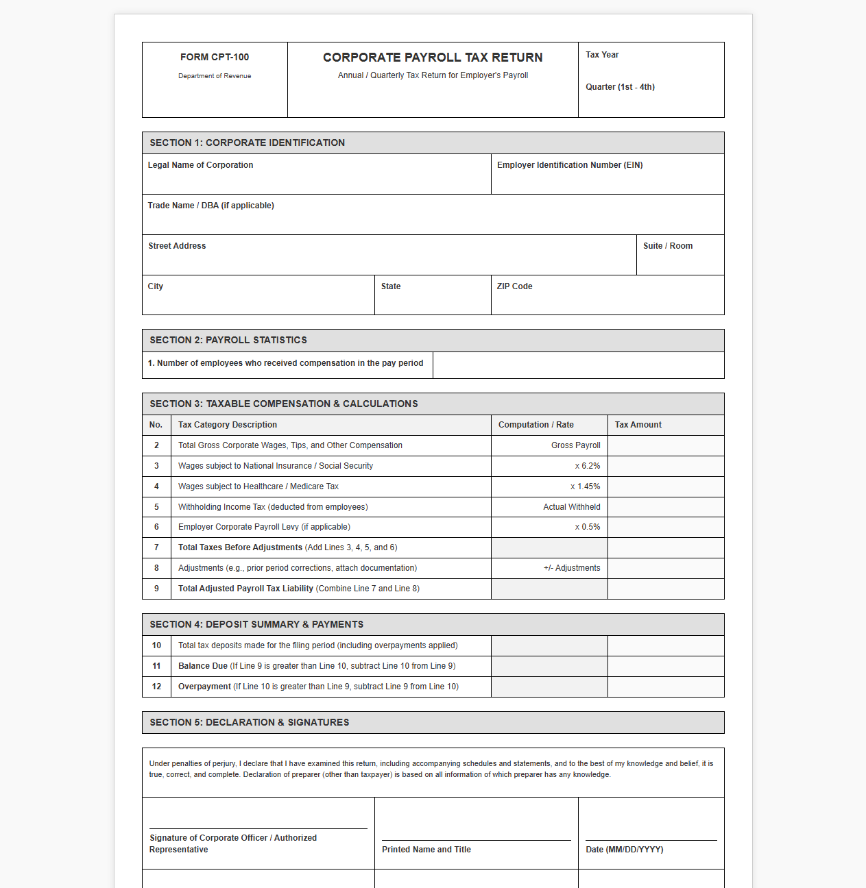 Corporate Payroll Tax Return Template